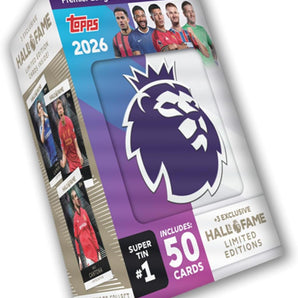 Topps Fodboldkort Premier League 2025/2026 - Super Tin #1 – 50 kort + 3 Hall of Fame Kort (Kopi)