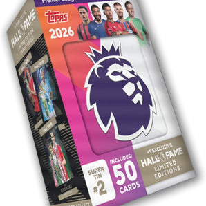 Topps Fodboldkort Premier League 2025/2026 - Super Tin #2 – 50 kort + 3 Hall of Fame Kort