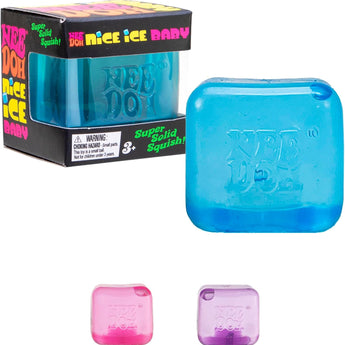 NeeDoh Teenie Nice Ice Cube squishy i blå med æske, samt lyserød og lilla