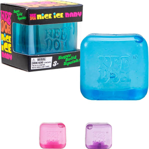 NeeDoh Teenie Nice Ice Cube squishy: æske og blå terning samt lyserød og lilla